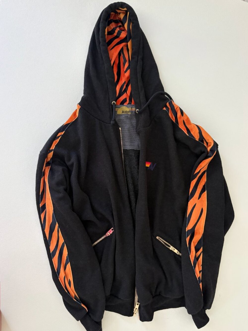 Aviator Nation Tiger Stripe Black Orange Zip Hoodie S NWOT